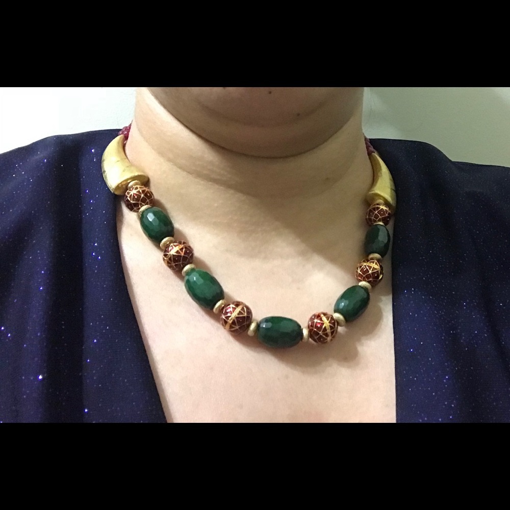 Red green and gold necklace